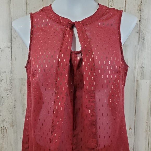 5/$25 Merona Womens Top S Red Gold Sleeveless Semi Sheer Tie Neck Career U1 - Picture 3 of 6